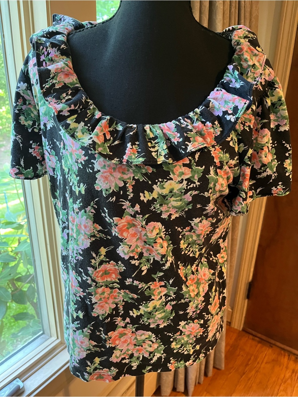 Chaps Black Floral Ruffle Neck Blouse with Pink & Green